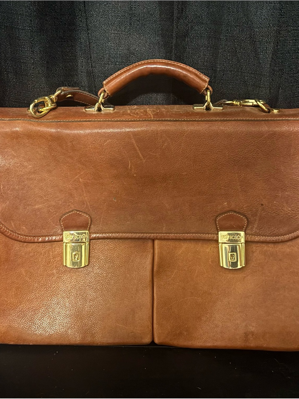 Bosca Tan Leather Briefcase with Gold Hardware